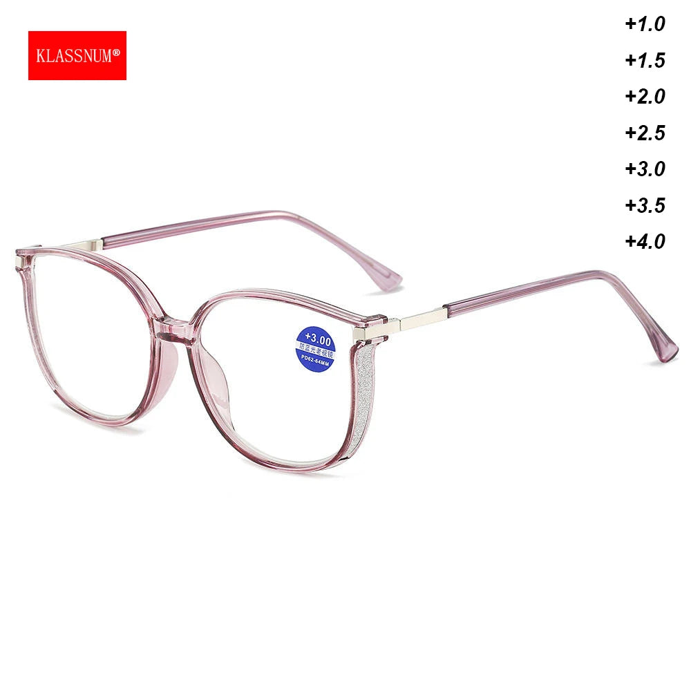 KLASSNUM Women Trendy Large Reading Glasses With Glitter Frame  Magnifing Transparent Glasses Plus Eyewear +1.0+1.5+2.0+2.5+3.0