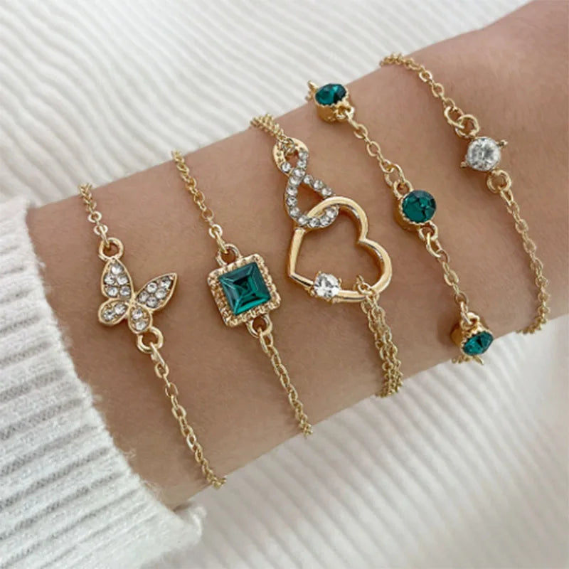 5 PCS Set Hallow Out Heart Green Crystal Stone Bracelet Set For Women Gold Color Lovely Butterfly Rhinestone Girls Bracelet Set