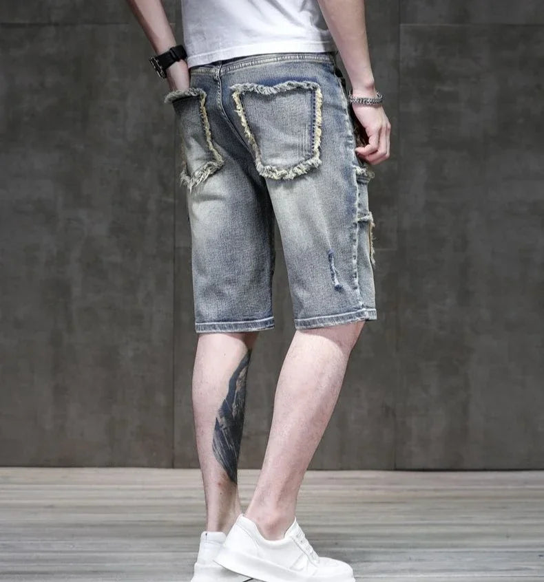 Long Male Denim Shorts with Pockets Skinny Half Men's Short Jeans Pants Bermuda Slim Ripped Sale Popular Streetwear Luxury Xxxl