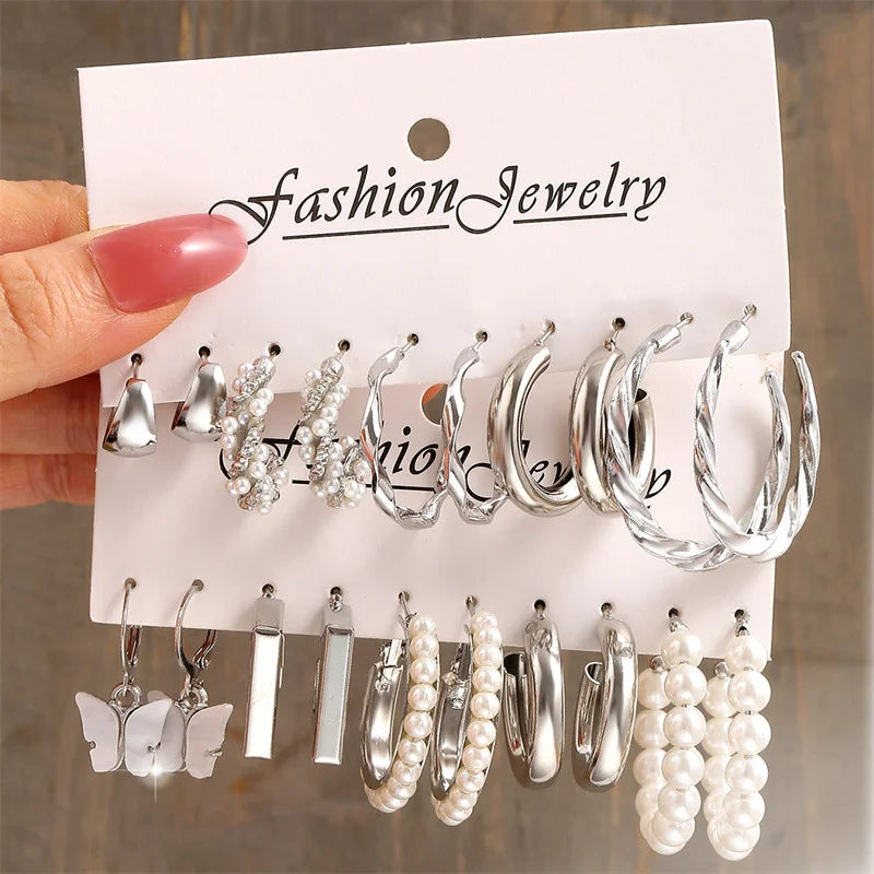 Trendy Silver Color Butterfly Hoop Earrings Set for Women Girls Geometric Irregular Metal Resin Acrylic Earrings Jewelry