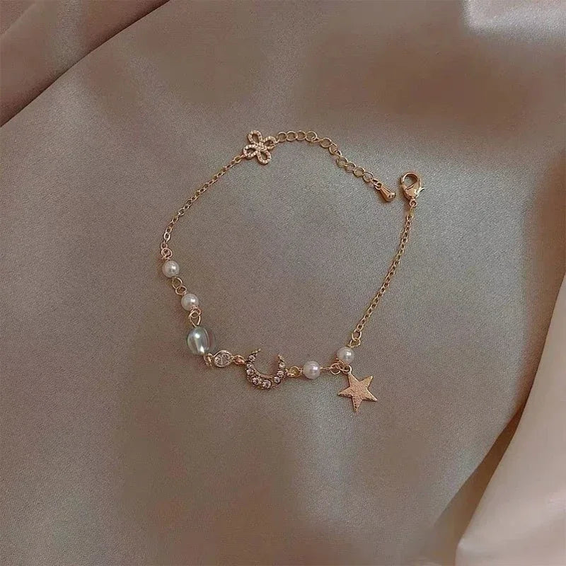 Elegant Crystal Flowers Bracelet For Women Y2K Sweet Girls Moon Cherry Blossom Bow Zircon Bracelets Luxury Designer Jewelry Gift