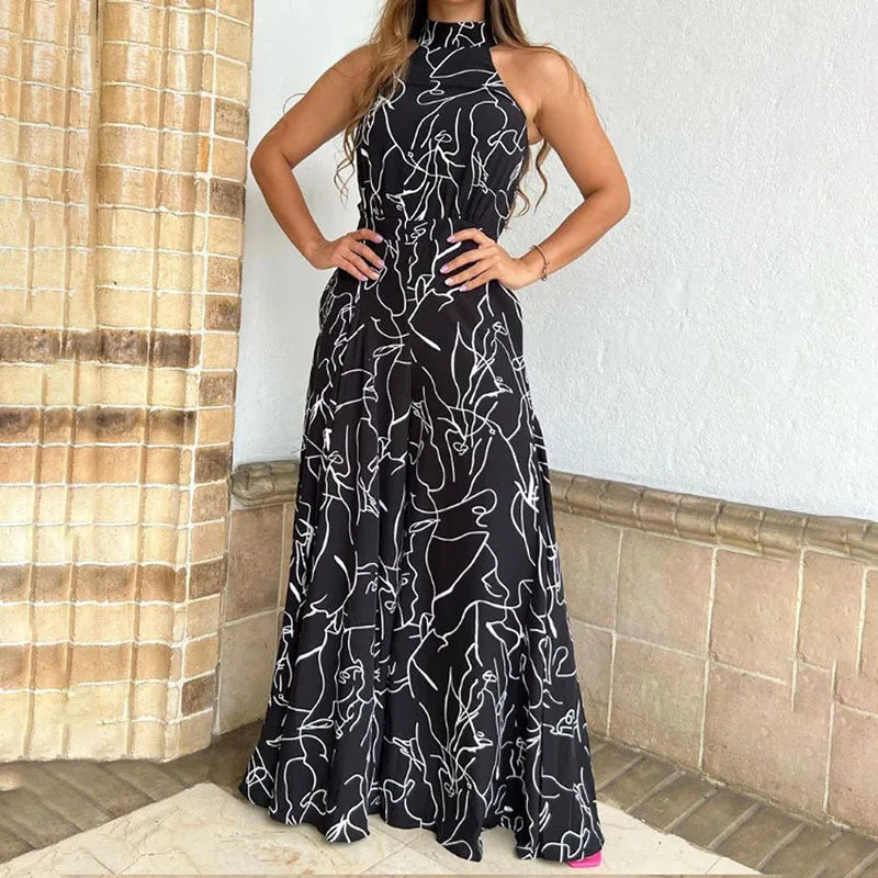Women's New Fashion Round-neck Sexy Printed Jumpsuit Trousers Simple Sleeveless High Waist Tie Temperament Commuting Jumpsuit