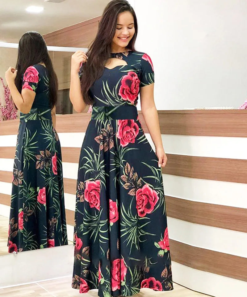 Elegant Spring Women's Dress Casual Fashion Floral Print Short Sleeve Super Long Dress 2023 New Fashion Hollow Out Long Dresses