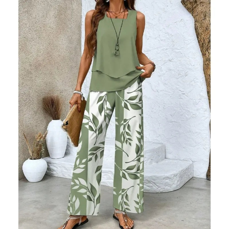 Elegant Square Collar Top Wide Leg Pants Two-piece Set 2025 New Women's Sleeveless Double-layer Vest Pants Set Woman Rompers