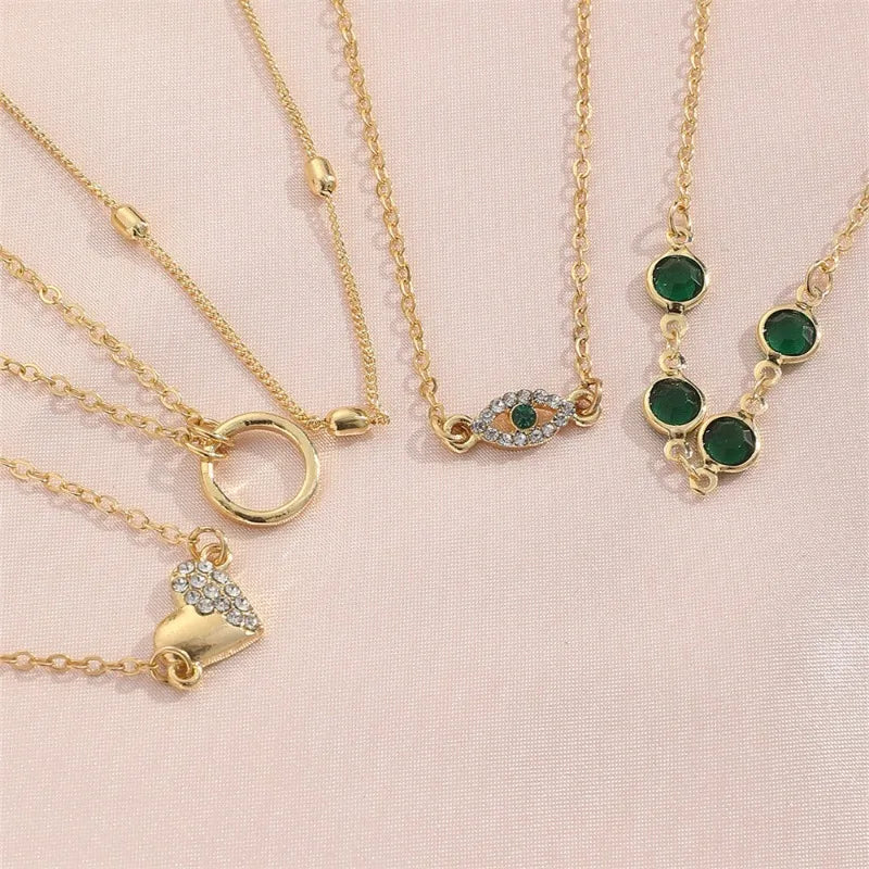 5 PCS Set Hallow Out Heart Green Crystal Stone Bracelet Set For Women Gold Color Lovely Butterfly Rhinestone Girls Bracelet Set