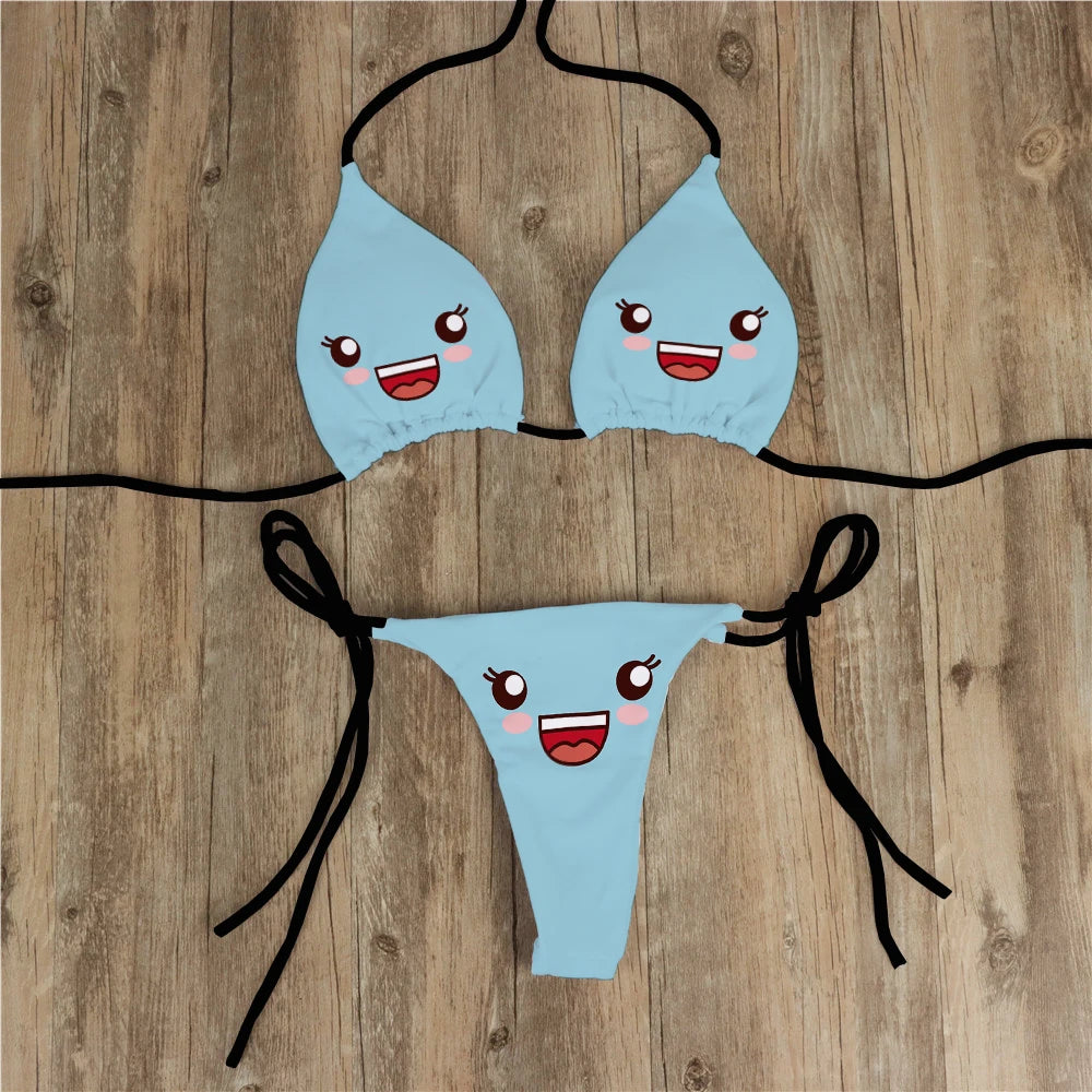 Sexy Bikini Set Yellow Swimsuit Cartoon Print  Fashion Sweet Women's Bra Swimsuit Deep V Summer Beachwear Party Bikini suit
