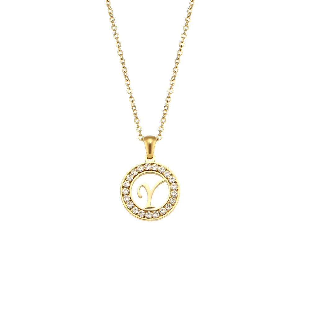 E.B.belle Hollow Round Zircon Paved 26 Alphabet Initial Necklace Ladies Elegant Birthday Gift 18K Gold Plated Letter Necklace