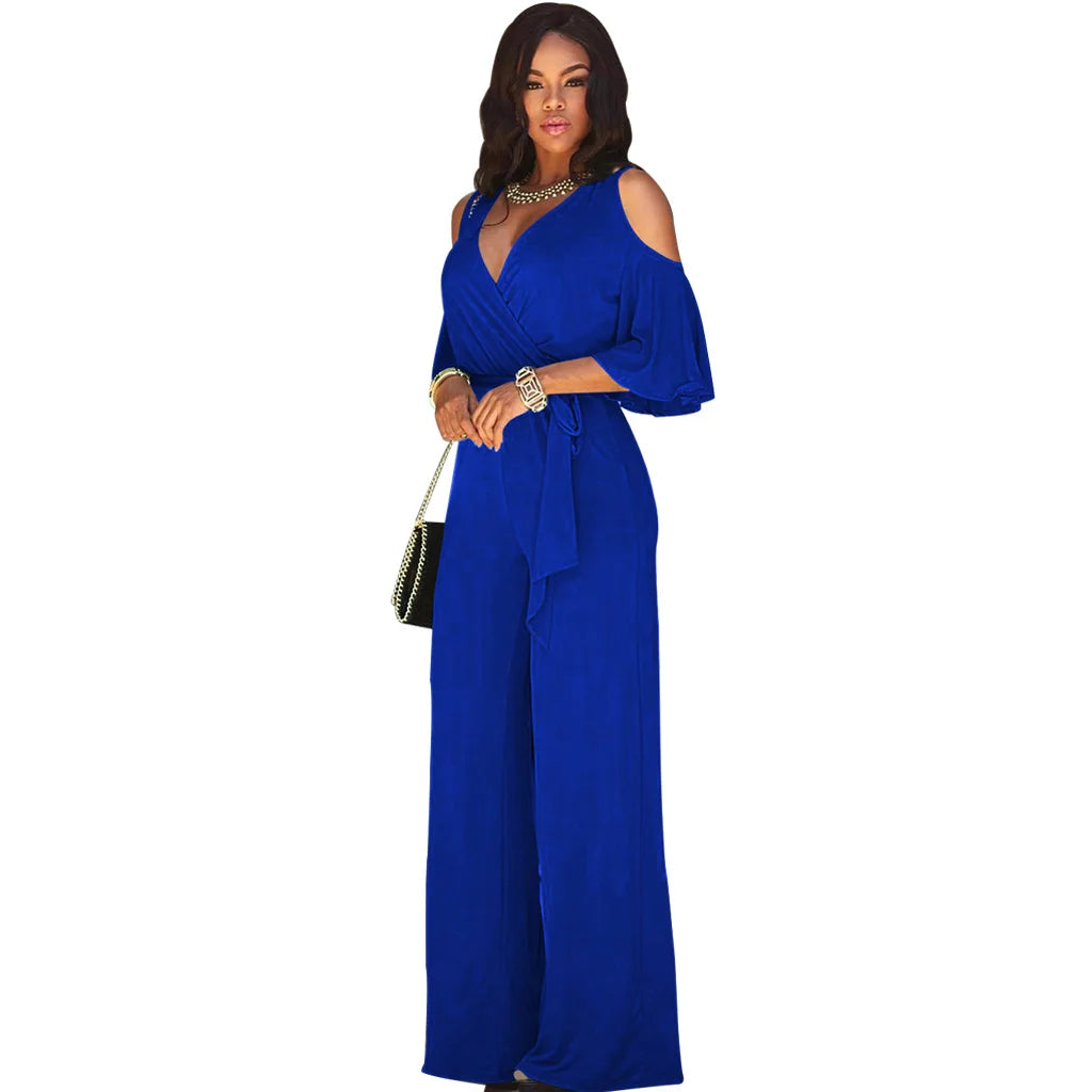 Spring Summer Solid Color Women Sexy Deep V Neck Short Sleeve Rompers Fashion Slim Fit Lace Up Elegant Female Wide Leg Jumpsuit