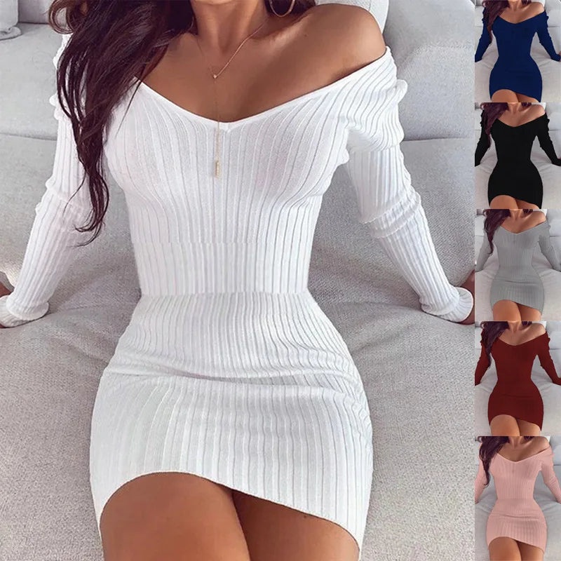 Sexy V-neck Bodycon Woman Dress Long Sleeve Off Shoulder Short Dresses For Women 2023 Spring Autumn White Pink Mini Dress Robe