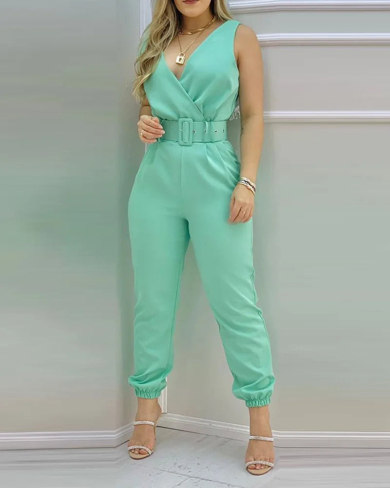 New Casual Women's Pants Women's V-neck Open Back Printed High Waist Jumpsuit Women (including Belt) Spring and Summer 2023