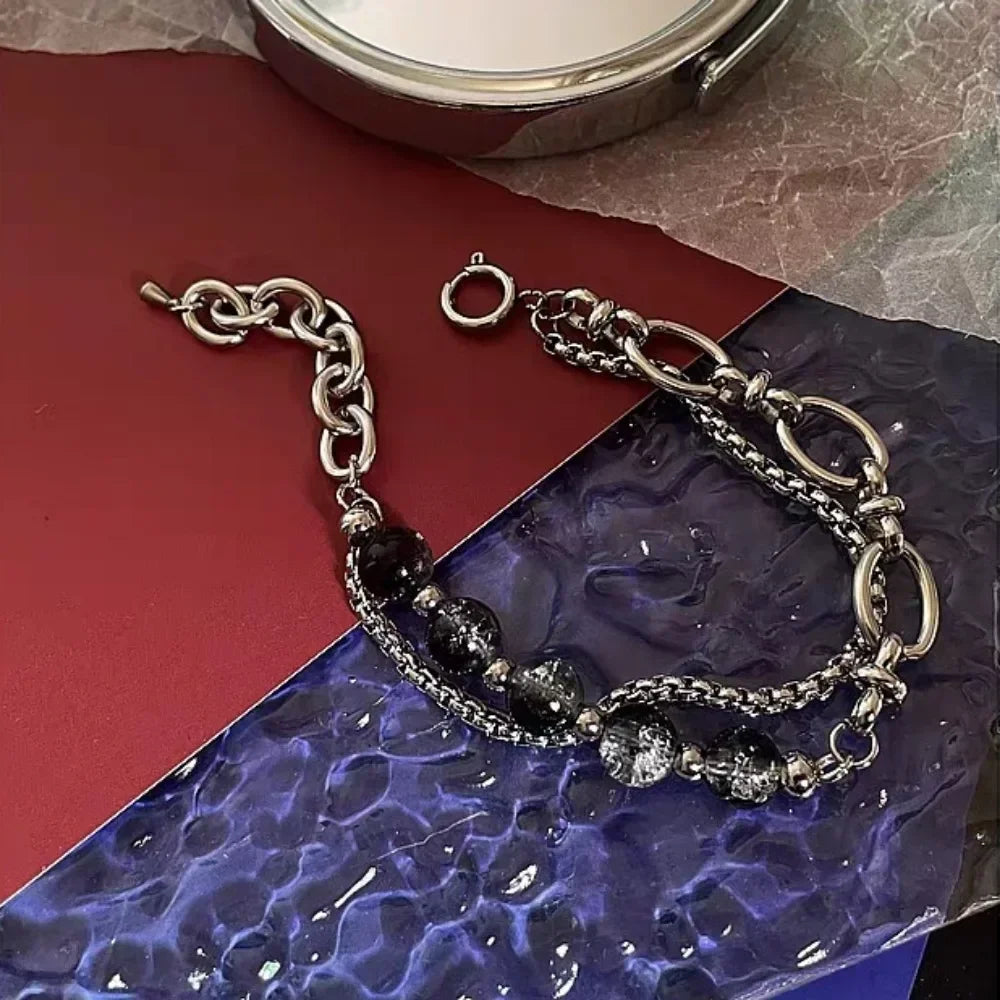 2024 Retro Black Cracking Beads Bracelet for Men Women Stainless Steel Double Layered Chain Fashion Hip-pop Jewelry Pulseras