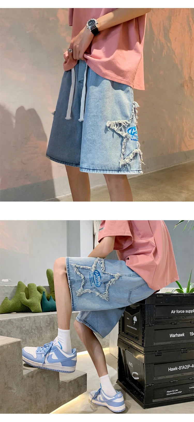 Summer Pentagram Patch Shorts Elastic Waist Letter Printed American Retro Casual Fashion Men Denim Knee-length shorts