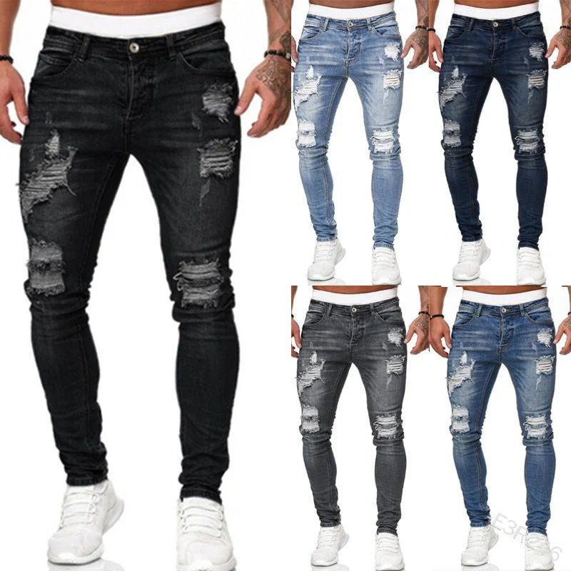 Men Vintage Wash Solid Jeans Fashion Street Style Ripped Skinny Denim Trousers Hip Hop Casual Slim Pencil Denim Pants Hot Sale