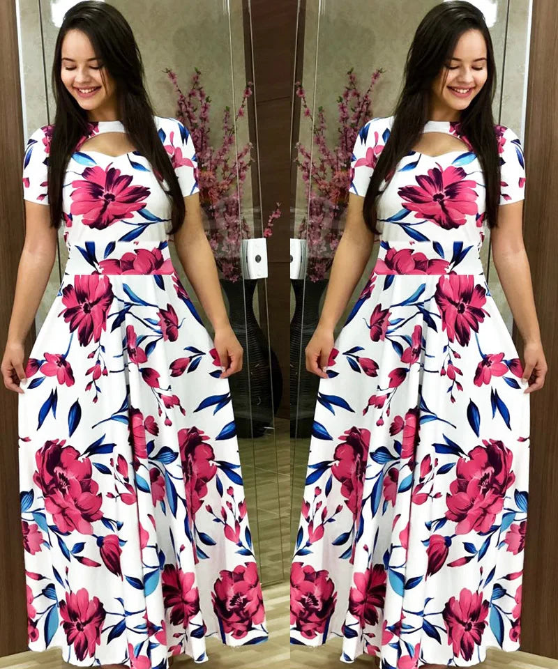 Elegant Spring Women's Dress Casual Fashion Floral Print Short Sleeve Super Long Dress 2023 New Fashion Hollow Out Long Dresses