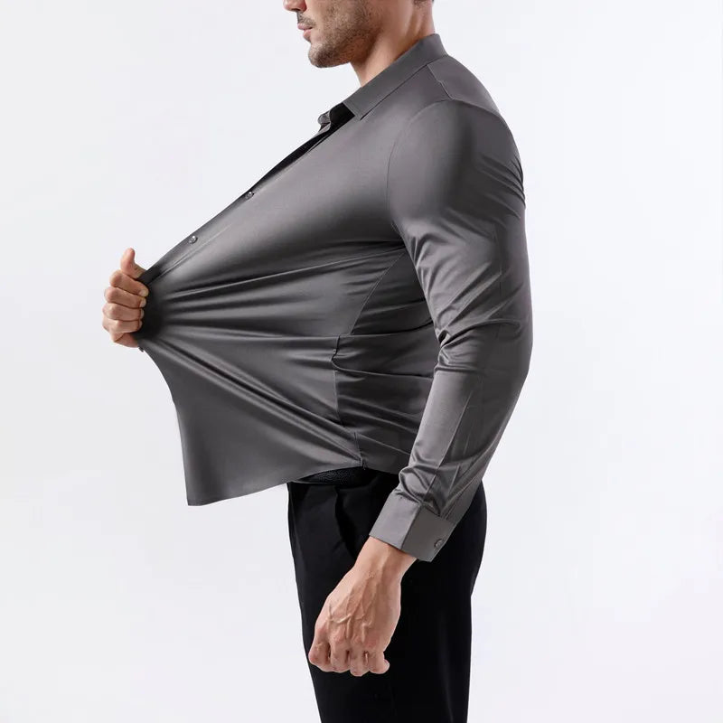 100 KG Non-Iron Four-way stretch Men's Long Sleeve Shirt Silky Foreign Trade Cross-Border Amazon Euro Men's TopS Shirts