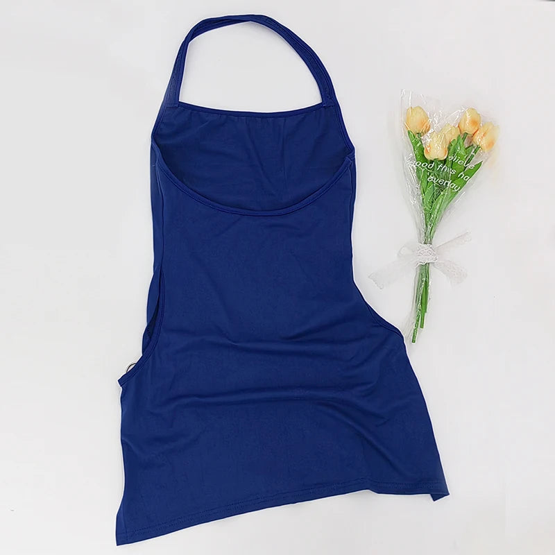 New Solid Color Sling Mini Dress Metal Buckle HollowHip Deep Split Metal Circle Decoration Hottie Girls Spicy Clubwear Street