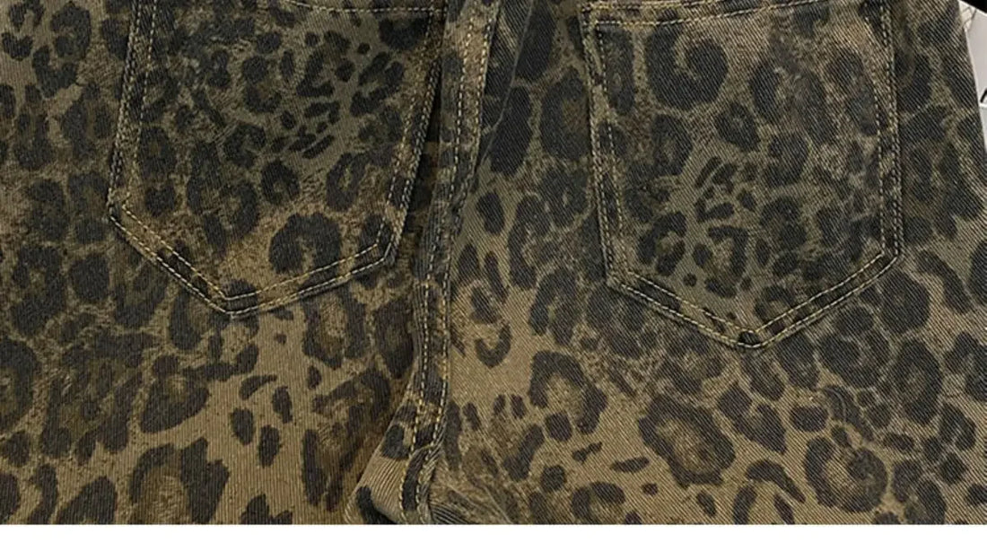 American Retro Leopard Print Denim Shorts Men's High Street Niche Loose Design Five-point Mid-pants