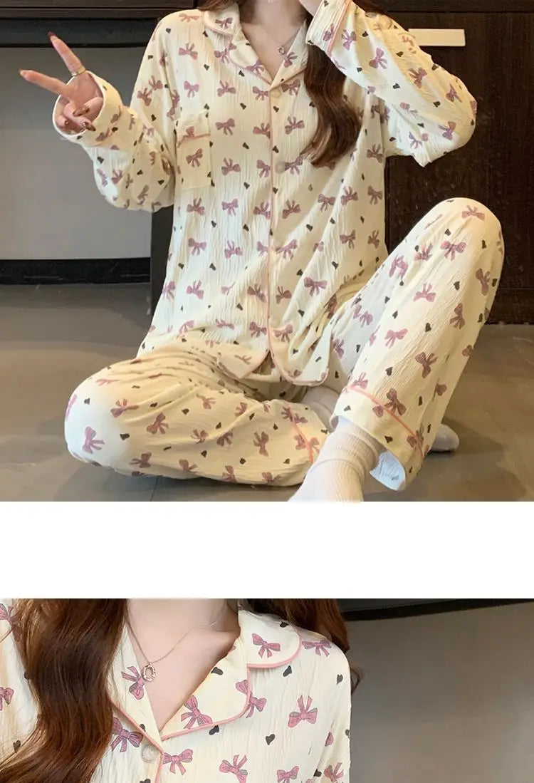 Spring and Autumn New Women's 2025 Printed Wrinkled Cloth Pajamas Girls Long-Sleeved Sweet Small Flowers Pajamas Homewear Set