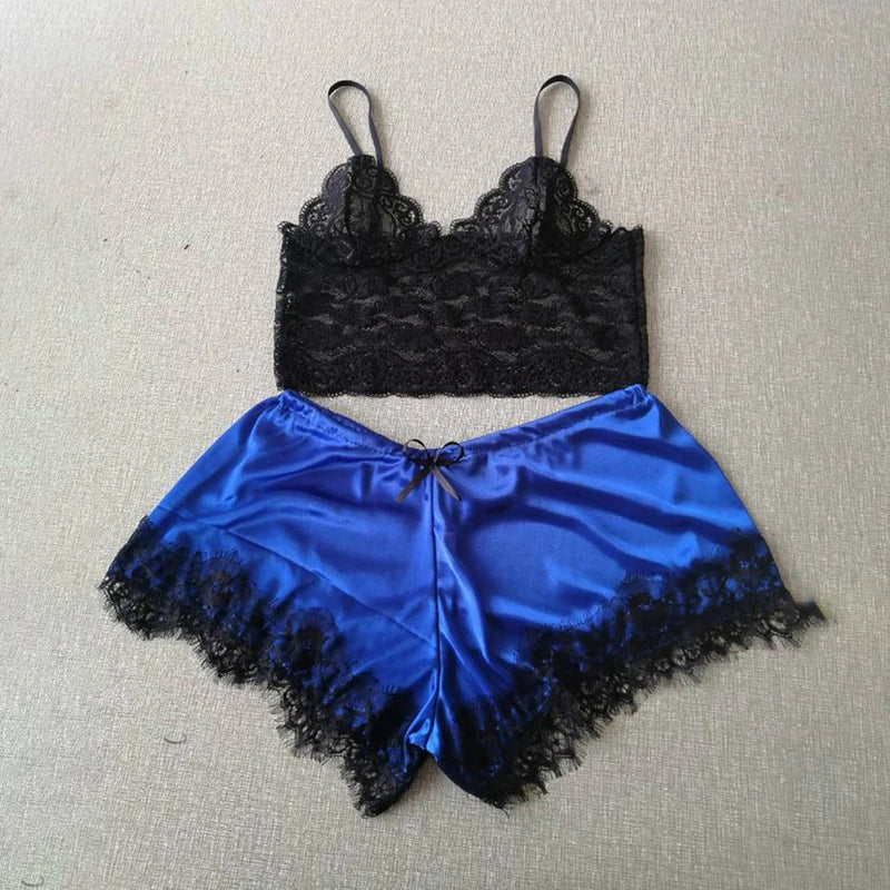 Womens Sexy Lace Sleepwear Lace Nachtkleding Lingerie Sleeveless V-Neck Babydoll Pajamas Set Lingerie Tops Shorts Set Nightwear