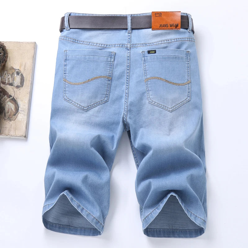 Summer Classic Shorts Jeans Men Denim Pants Straight Stretch Casual Cool Thin Knee Length Sky Blue Fashion Brand Daily Trousers