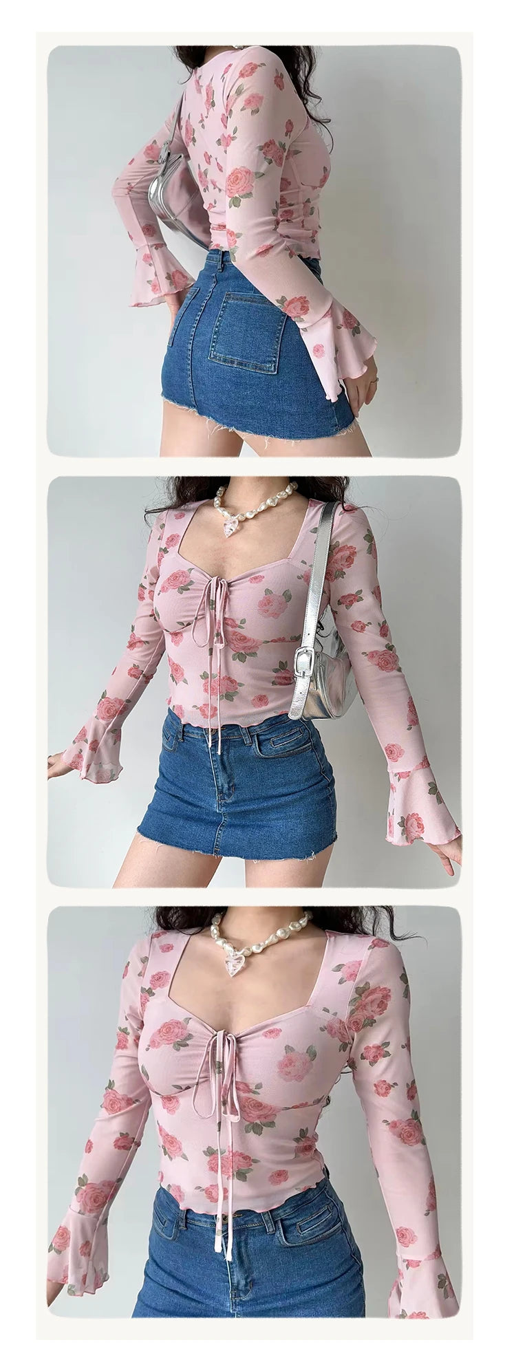 HELIAR Women Floral Printed Sweet Holiday T-shirts Flare Sleeve Lace Up Chiffon Office Blouse Mesh Beach Tees Top Spring Summer