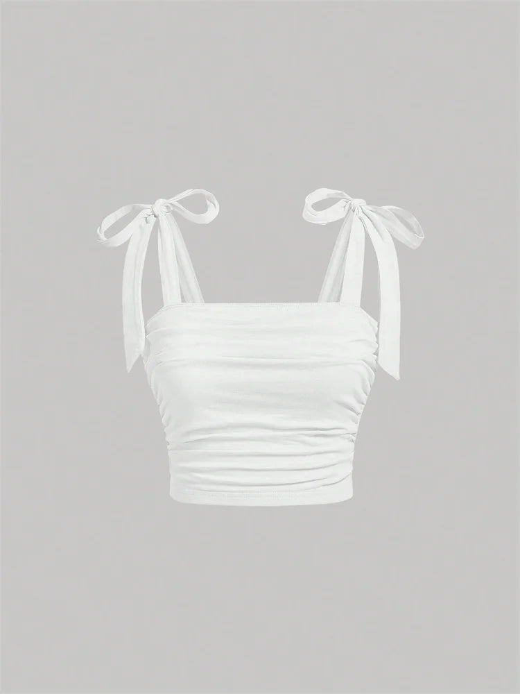 Solid Tie Shoulder Ruched Wide Strap Slim Fit Crop Top for Women Summer 2025 Y2K Clothes Pink Backless Cami Top Streetwear
