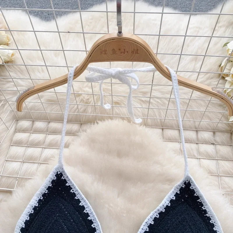 Vacation Style Camis Vest Women Patchwork Sweet Hook Flower Sexy Backless Suspender Camisole Hanging Neck Outwear Crop Tops