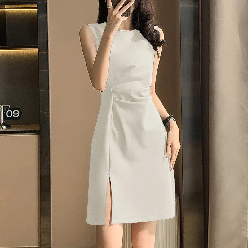 ZANZEA 2024 Elegant Mini Dress Summer Women Sleeveless O-neck Tank Dress Fashion Draped Short Robes Office Slit Hem Vestidos