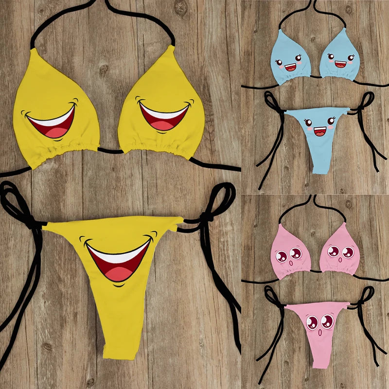 Sexy Bikini Set Yellow Swimsuit Cartoon Print  Fashion Sweet Women's Bra Swimsuit Deep V Summer Beachwear Party Bikini suit