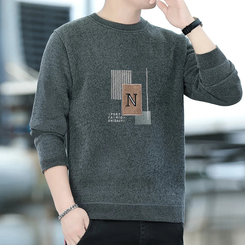 Autumn Winter Fashion Sweater Men's Round Neck Pullovers Fleece Thick Warm Jumpers Pattern Patchworked Men's Clothes