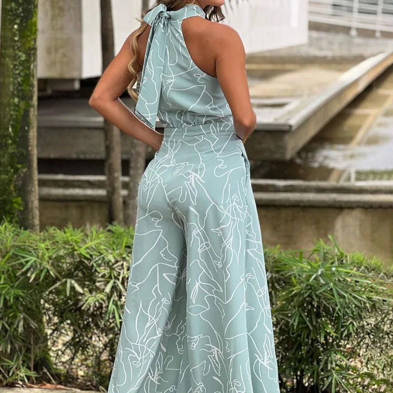 Women's New Fashion Round-neck Sexy Printed Jumpsuit Trousers Simple Sleeveless High Waist Tie Temperament Commuting Jumpsuit