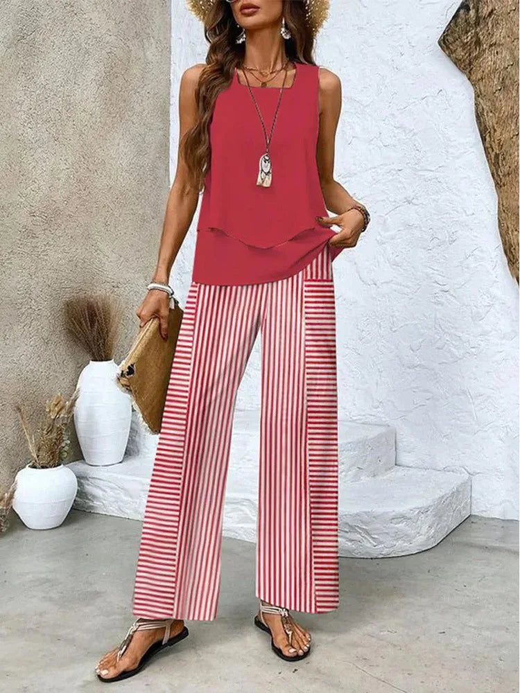 Elegant Square Collar Top Wide Leg Pants Two-piece Set 2025 New Women's Sleeveless Double-layer Vest Pants Set Woman Rompers
