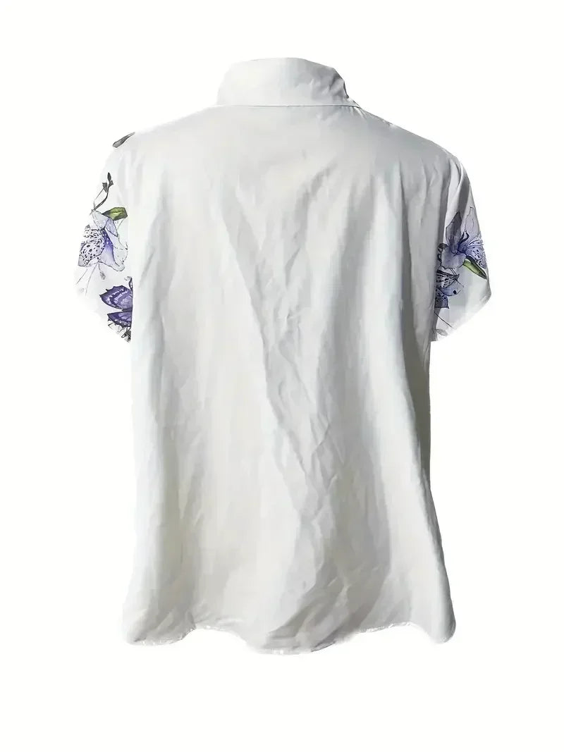 Plus Size 1XL-5XL Women Fashion Spring and Autumn Casual Short Sleeve Buttons Blouse Versatile Butterfly Print Blouse Shirt