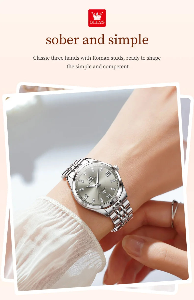 OLEVS 9801 Womens Watch Luxury Fashion Waterproof  Automatic Mechanical Watch Stainless Steel Diamond Date Ladies Watch Set