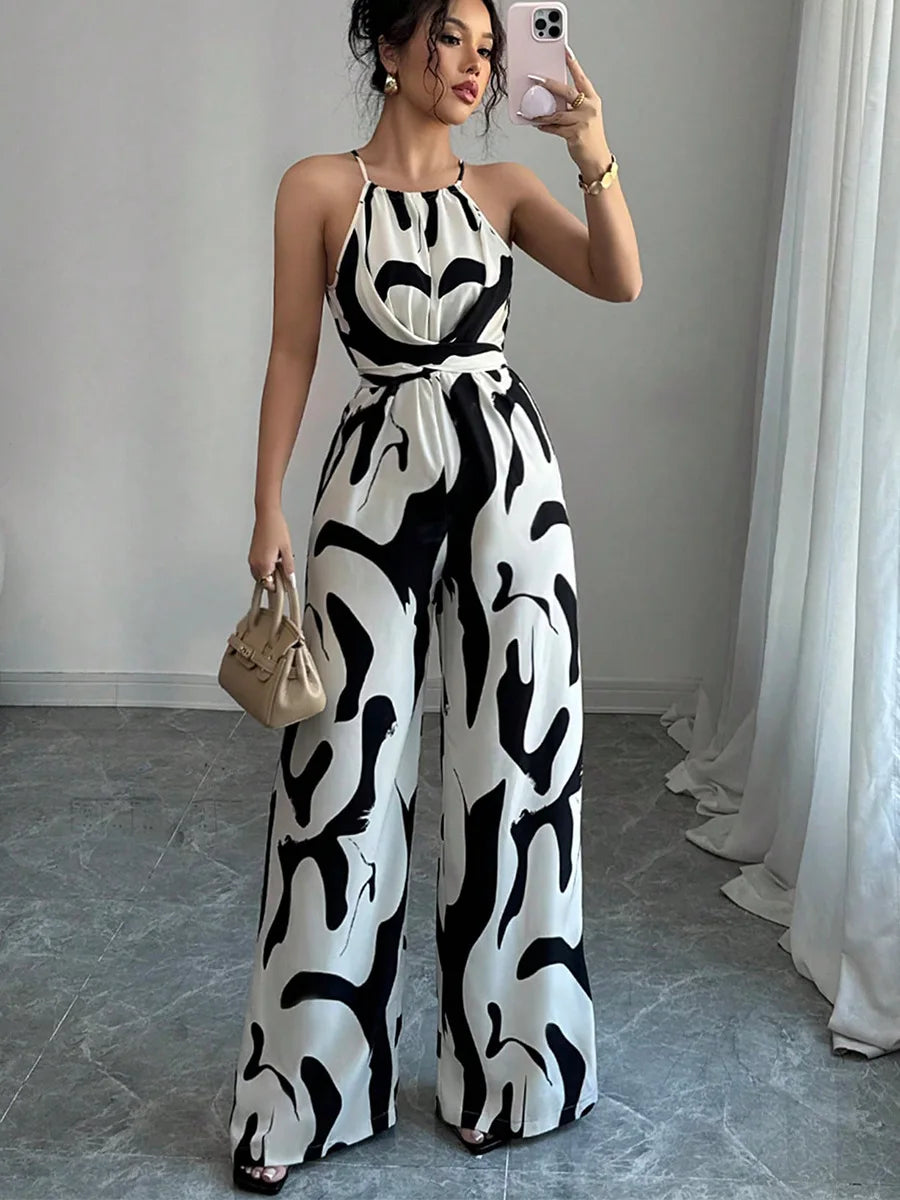 Jumpsuits Women Print One Piece Sleeveless Overalls Wide Leg Long Pants High Waist Rompers Y2k Streetwear Jumpsuit 2025 Party