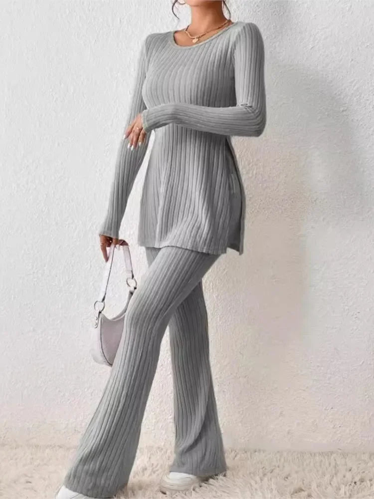 Autumn Winter Fashion Knit Suit 2024 Casual Loose Pullover+Elastic Long Pants Print Knitted Solid Two Pieces Sets Women Clothing