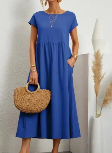 2024 Summer New Short Sleeved Women's Dress With Loose Casual Pockets Solid Color Round Neck Pullover Long And Elegant Dress