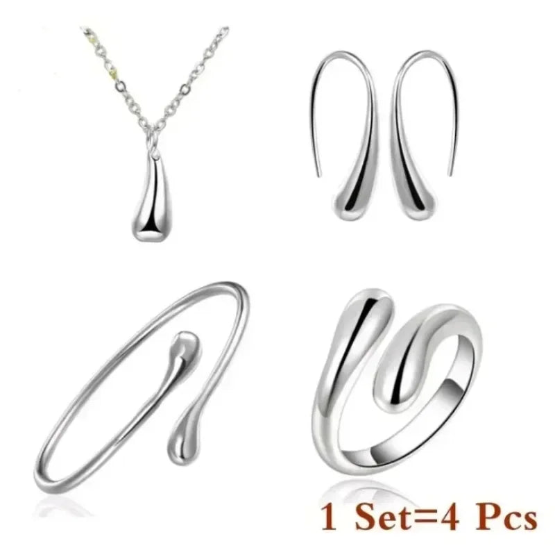Charm 925 Sterling Silver Water Droplet Jewelry Set For Women Elegant Four-piece Earrings Ring Bracelet Set Personalized Jewelry