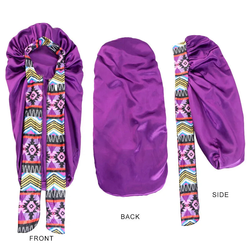 New Women Long Oversized Elastic Satin Print Bonnet Sleeping Cap with Ribbon Breathable Sleep Cap Turban Night Headwear Bandanas