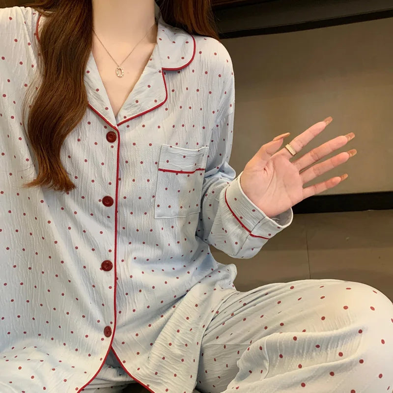 Spring and Autumn New Women's 2025 Printed Wrinkled Cloth Pajamas Girls Long-Sleeved Sweet Small Flowers Pajamas Homewear Set