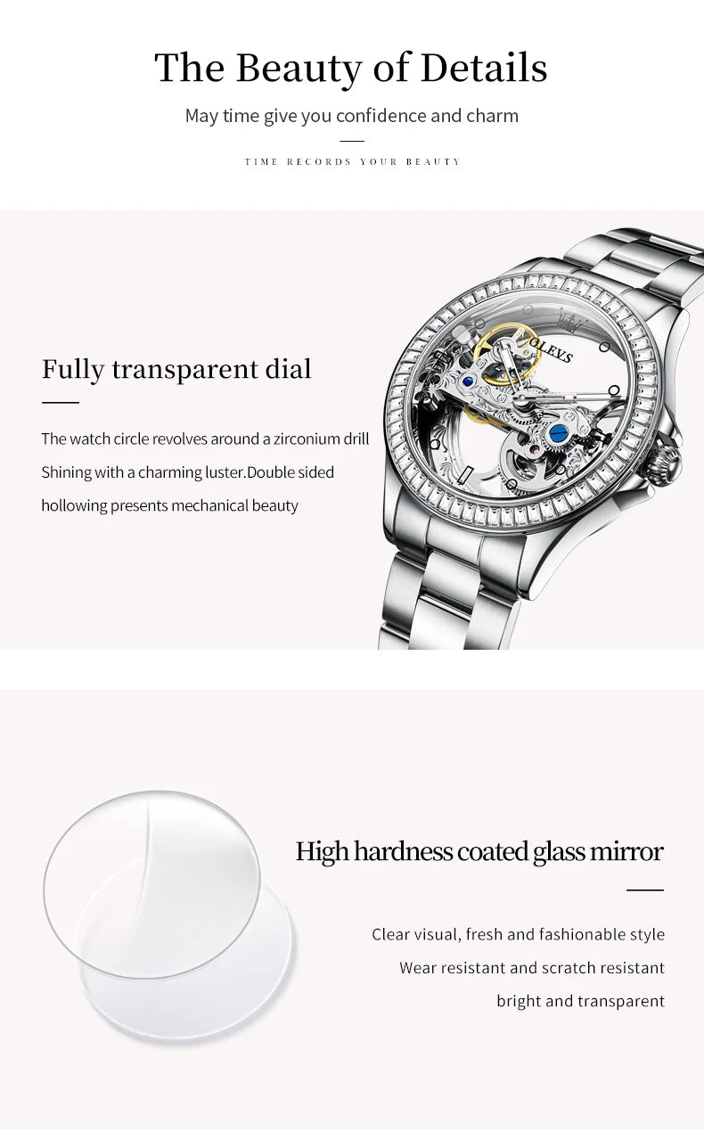 OLEVS Luxury Women Automatic Mechanical Watch Stainless Steel Diamond Inlay Fully Hollow Design Luminous Dial Elegant Wristwatch