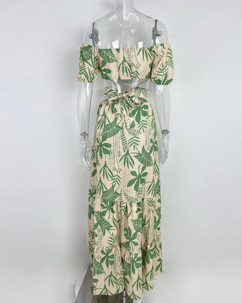 Sexy Women's Temperament Commuting Slim Fit Printing Hollow Lace up Large Swing Dress Women's Fashion Short Sleeve High Waist Dr