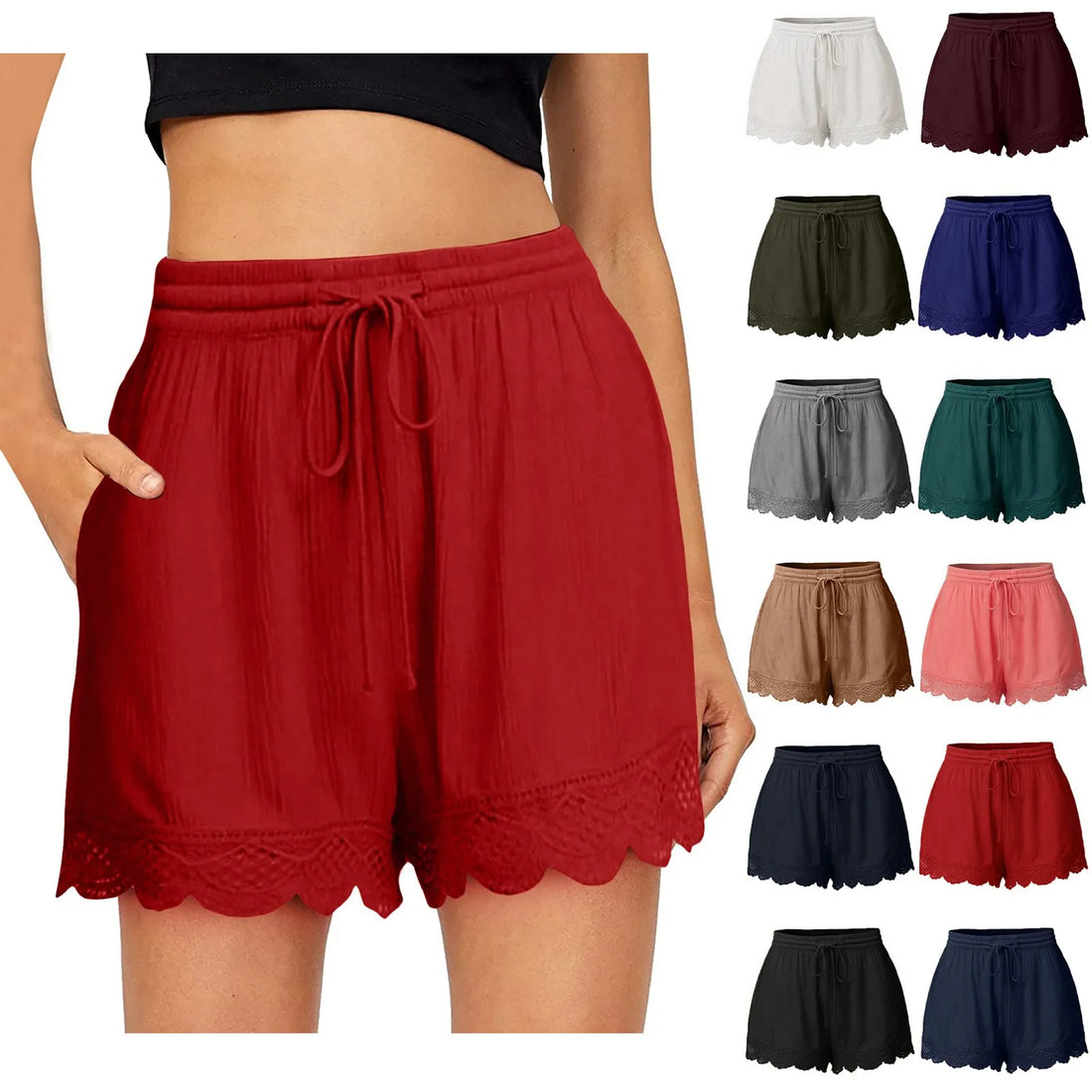 Ladies’ Casual And Versatile Solid Color Patchwork Lace Drawstring Shorts Basics Comfortable High Quality Plus Size Summer Pants