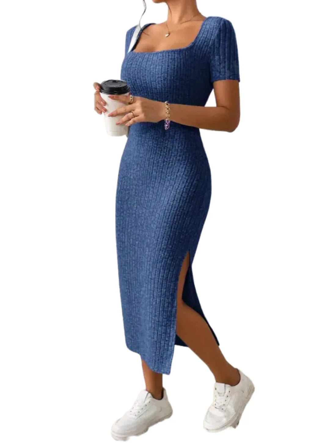 Summer Square Neck, Hip-Hugging Mid-Length Skirt, Short-Sleeved, Versatile Knitted Slit Dress