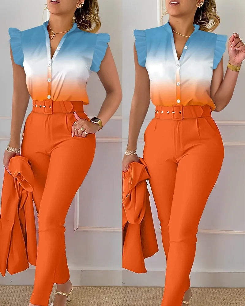 Spring Summer Women's New Printed Lotus Leaf Sleeveless Shirt Suit Elegant Slim Femal Office  Long Pants Belt Two Piece Set 2025