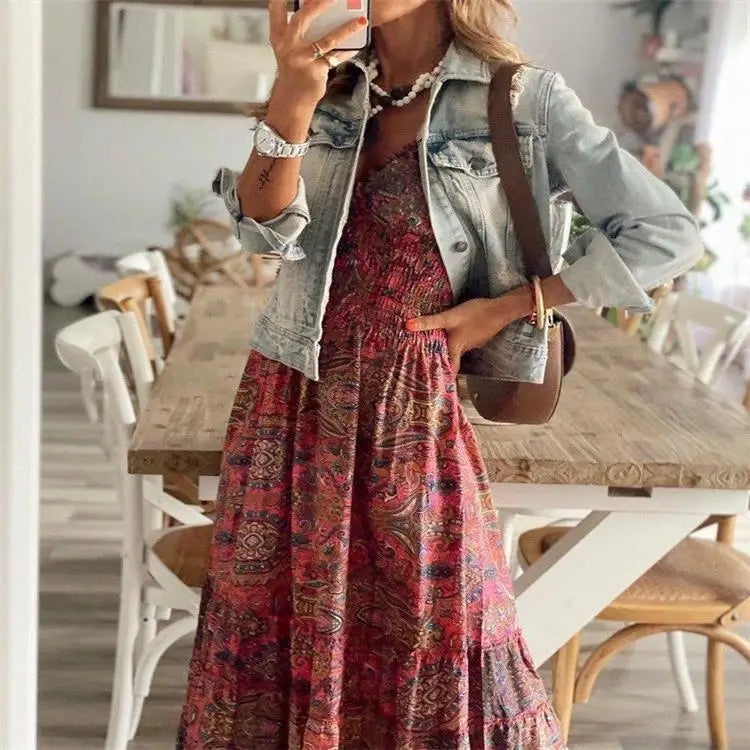 Women's Summer Bohemian Style 2024 New Dress With A Waistband Fashionable Floral Print Petal Sleeves Large Hem A-line Dress