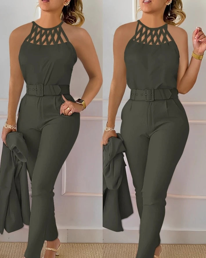 Women's Urban Style Suit 2025 Spring Summer Latest Sexy Solid Color Hollow Out Sleeveless Tank Top&high Waist Straight Pants Set