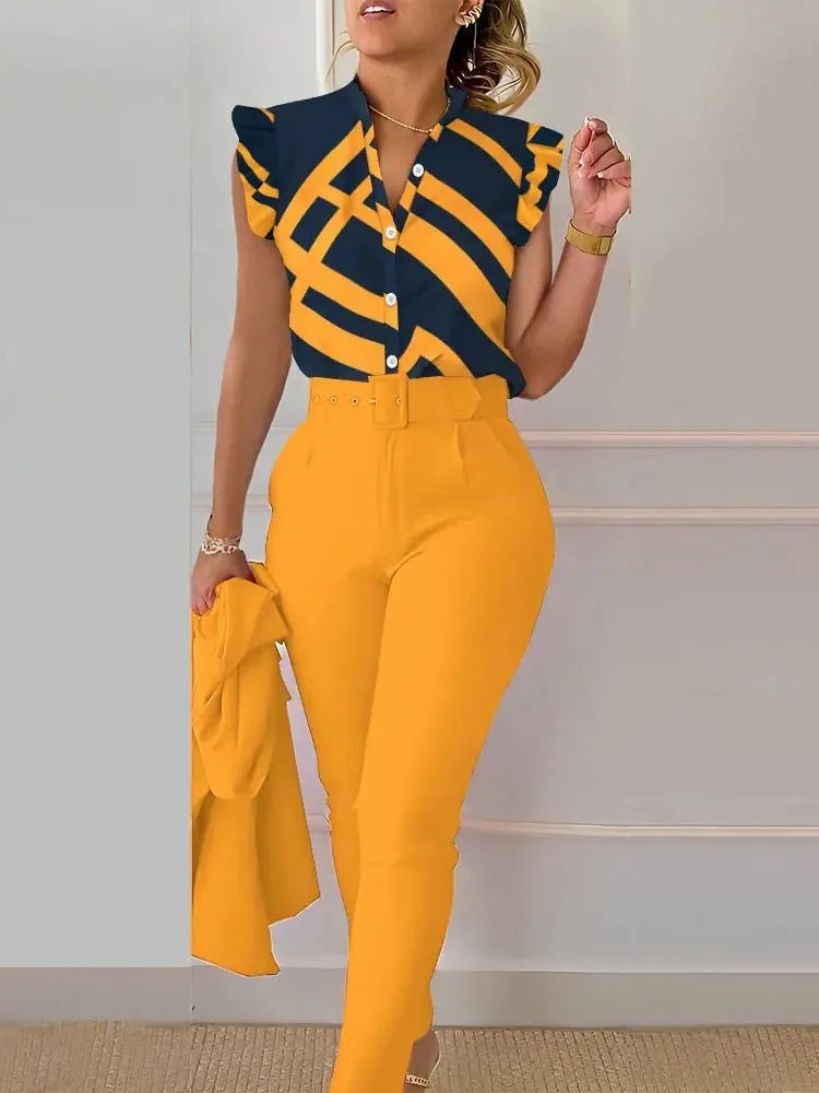 Spring Summer Women's New Printed Lotus Leaf Sleeveless Shirt Suit Elegant Slim Femal Office  Long Pants Belt Two Piece Set 2025