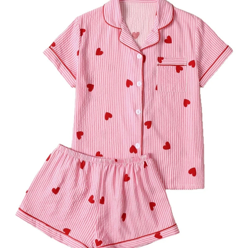 Stylish Women's Pink Heart Print Pajama Set Short Sleeve Lapel Top And Comfy Elastic Shorts Suit For Summer Loungewear Homewear