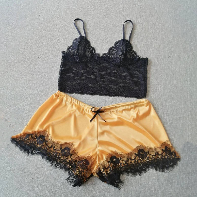 Womens Sexy Lace Sleepwear Lace Nachtkleding Lingerie Sleeveless V-Neck Babydoll Pajamas Set Lingerie Tops Shorts Set Nightwear